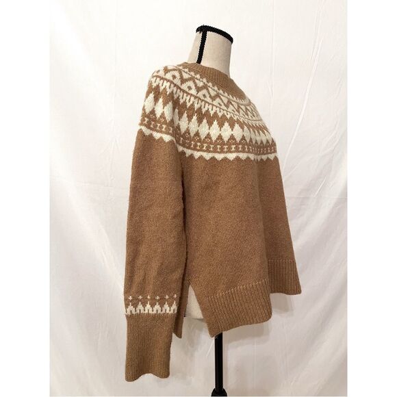 Talbots Crewneck Sweater | Nordic Fair Isle Tan & Cream Knit Cozy Pullover - Picture 3 of 5